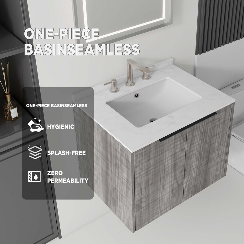 Meuble-lavabo flottant peu encombrant avec lavabo et portes à fermeture en douceur, Gris
