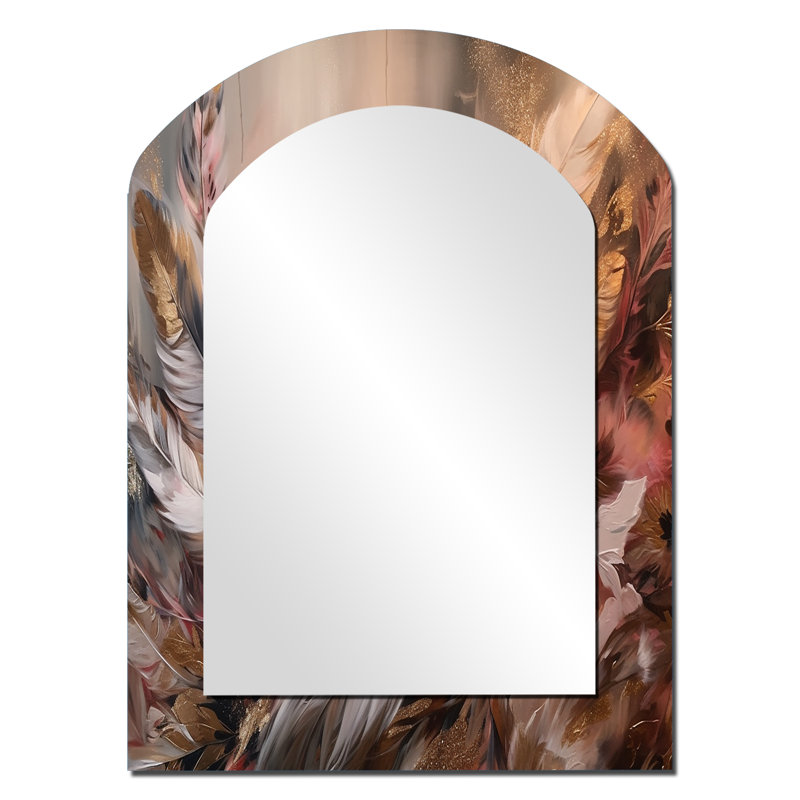 Gold Feather Wanderlust VI - Glam Feather Asymmetrical Decorative Mirror, Modern Arch Wall Mirror, Printed Metal Art