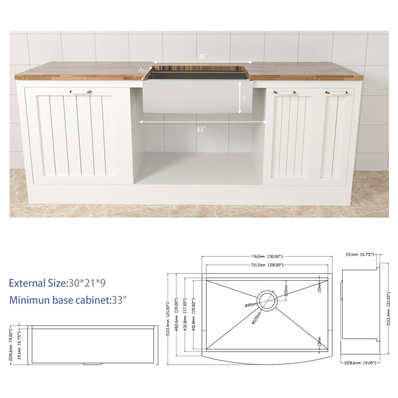 Évier de cuisine de 76 cm (30 po) - Acier inoxydable, 53 x 23 cm (21 x 9 po), fonctionnel et peu encombrant, drainage facile et hygiénique