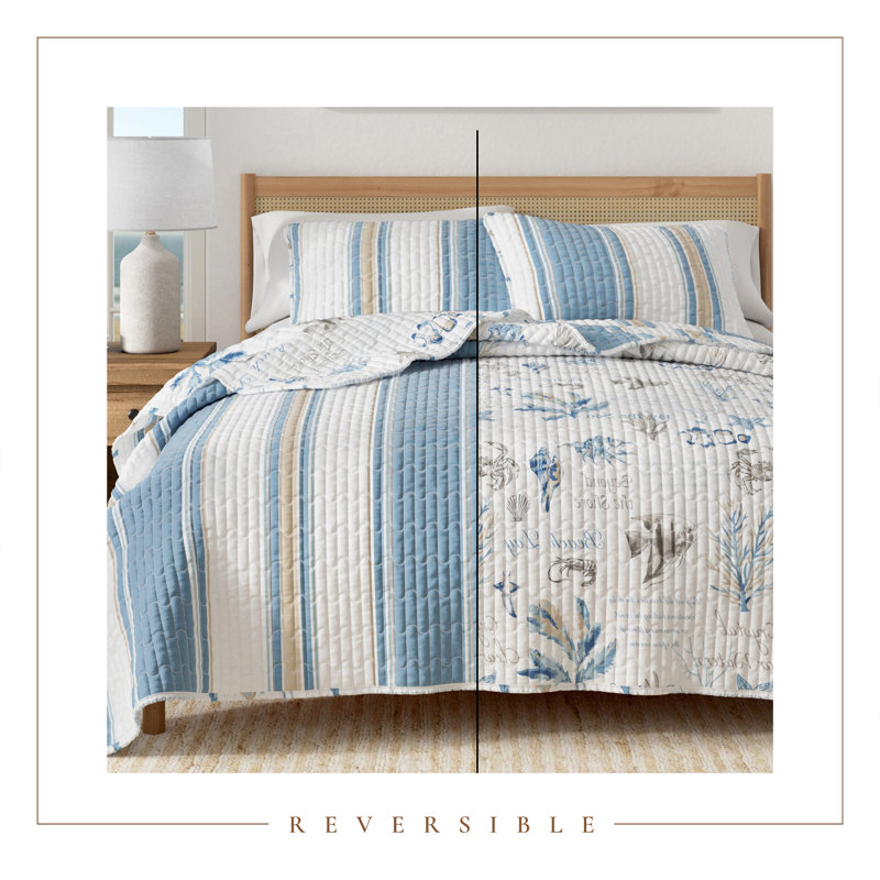Ensemble de courtepointe réversible bleu / taupe, Courtepointe pour lit simple + 1 taie décorative 