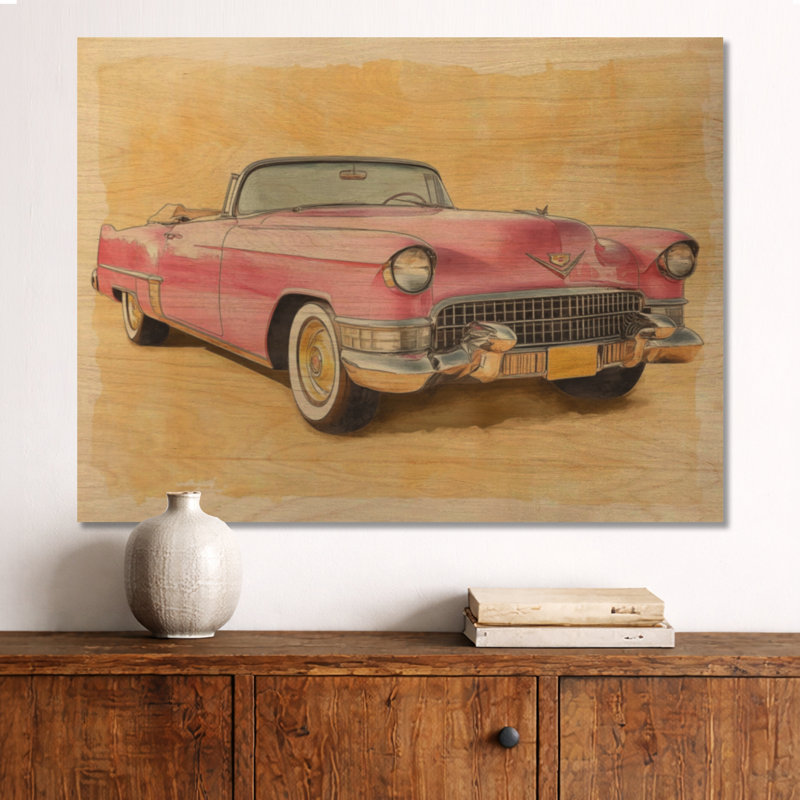 Cadillac rose été II - Décoration murale en bois de style milieu du siècle, H 30 po x l 40 po, Rectangulaire
