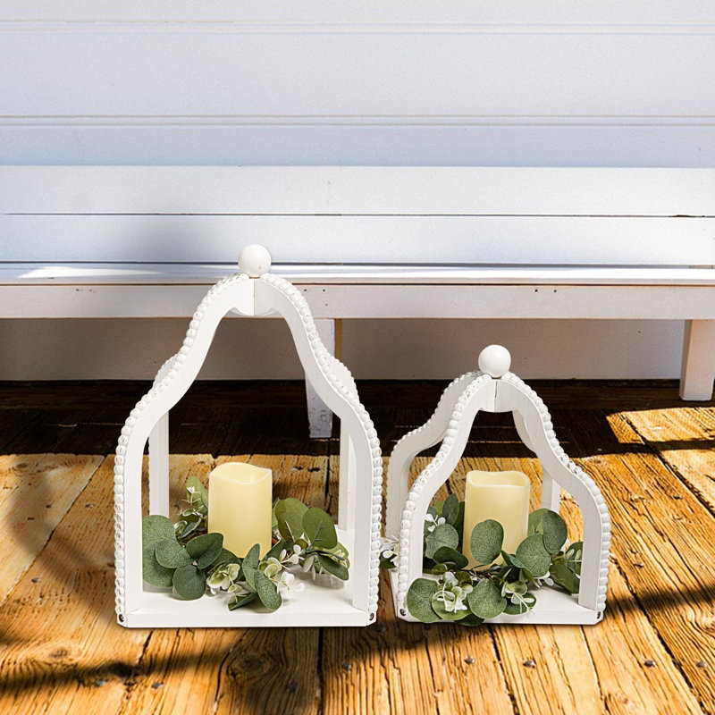 2 Pack Rustic Farmhouse Lantern Decor,Vintage Wood Beaded Lanterns,White Candle Lanterns Decorative W/LED Lights String And Garland For Home, Indoor,Outdoor, Table, Fireplace, Mantle Decor