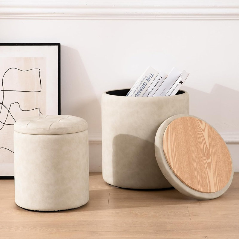 Ensemble de 2 repose-pieds ronds avec repose-pieds et rangement, avec deux petites tables incluses