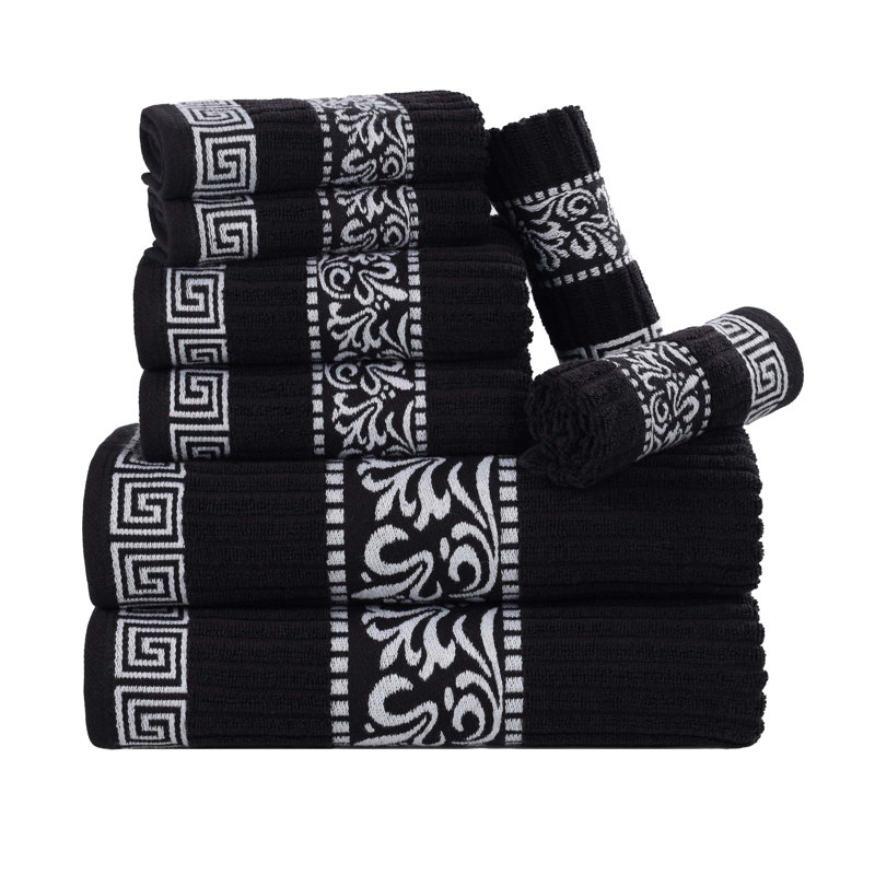 Ensemble de serviettes 8 pièces à bordure moyenne 100% coton à motif floral Athens, Noir / blanc
