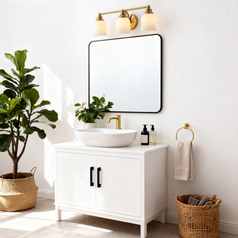 Lauder Iron/Frosted Glass Farmhouse Cottage LED Vanity Light, 3 Lights, Brass Gold
