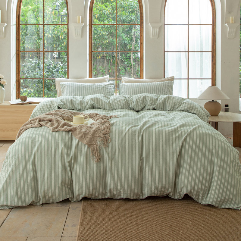 Ensemble de housse de couette rayé 100% coton délavé DONEUS, Vert sauge / blanc