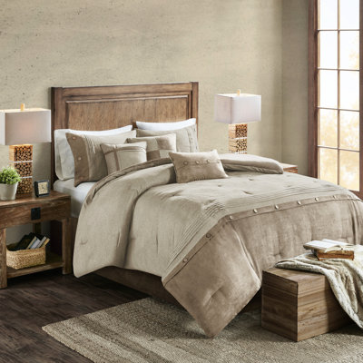 7 Piece Tan King Comforter - Faux Suede Cozy Bedroom Decor Soft Lodge Cabin Style Bedding