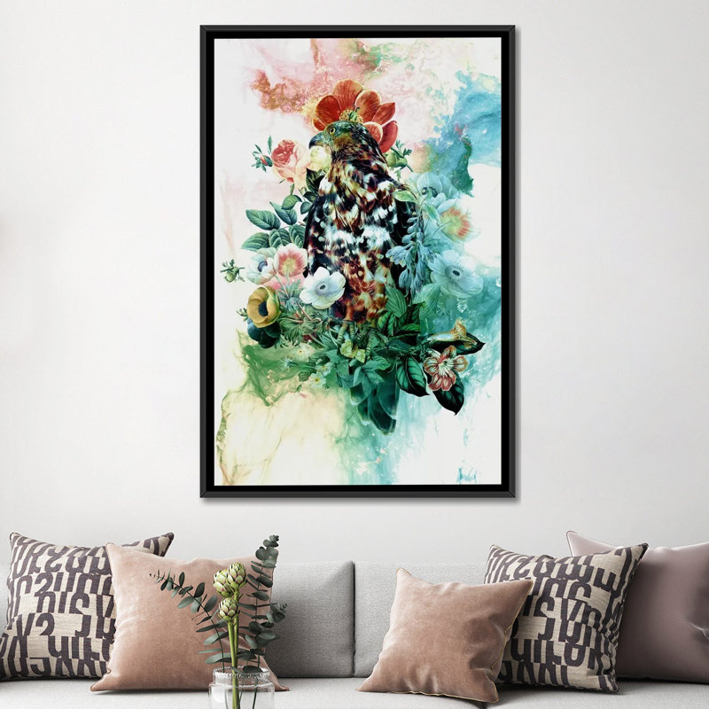 «Bird in Flowers», impression sur toile, H 26 po x l 18 po x P 1,5 po, Toile avec cadre noir, Pas de tapis