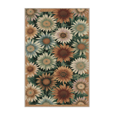 Machine Washable Botanical Beige Area Rug