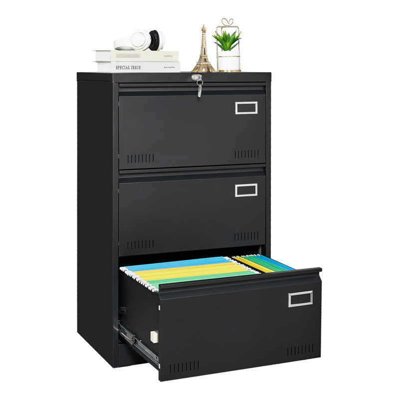 Classeurs en métal verrouillables à 3 tiroirs, classeur de bureau avec tiroirs larges, glissière lourde, fenêtre respirante, classeur à tiroirs verrouillable noir, noir