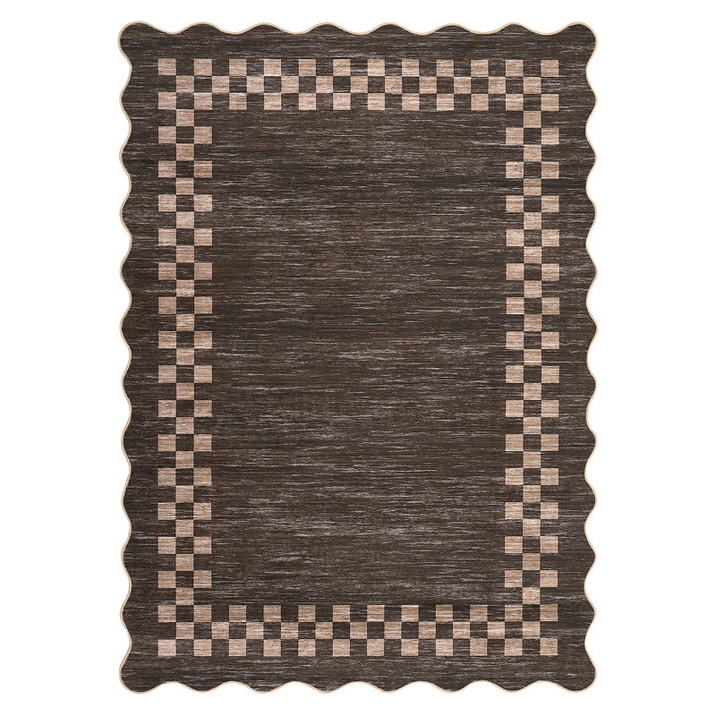 Scalloped Area Rug Modern Bordered Accent Carpet, Non-Slip Geometric Floor Cover, Stain-Resistant Low Pile Indoor Mat, Easy to Clean Rugs