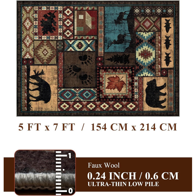 Rustic Lodge Cabin Machine Washable Area Rug with Wildlife Motifs, Rectangle 5' x 7'