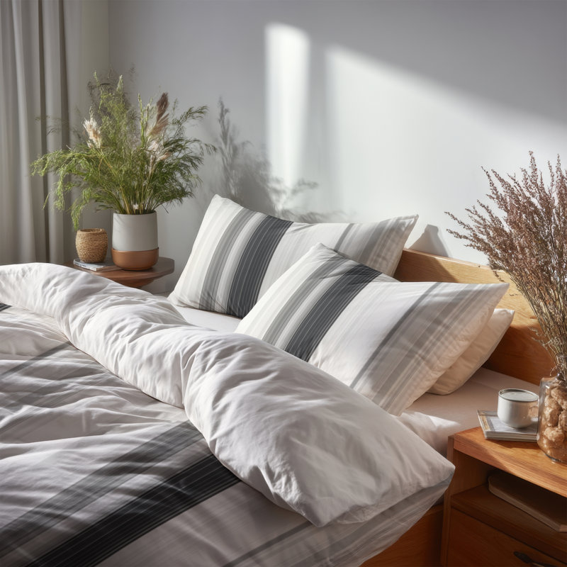 Ensemble d'édredon à rayures 6 pièces - Rayures de frêne noir et gris modernes avec taies décoratives et coussins décoratifs
