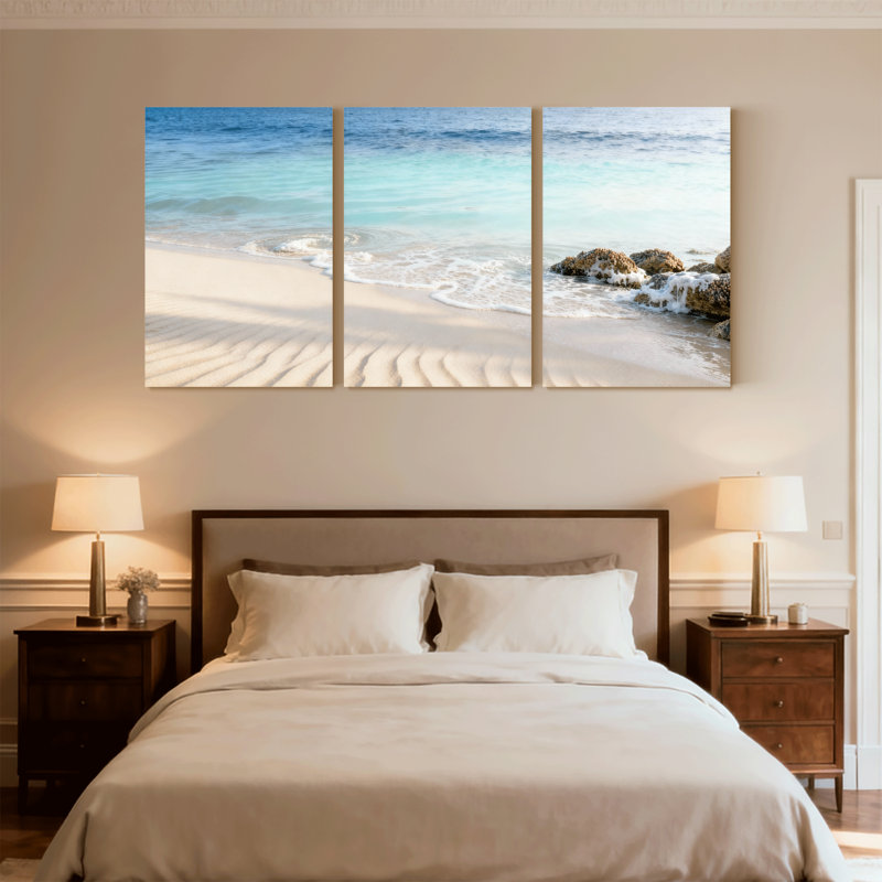 Plage, plage, vagues, sable, roches, océan, ciel, horizon, calme, ensemble de 3 impressions sur toile, H 30 po x l 60 po