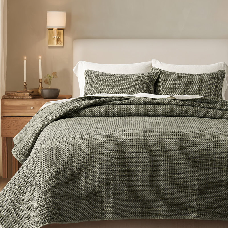 Ensemble de courtepointe 100% coton gaufré Stonewashed, Courtepointe grand + 2 couvre-oreillers standard, Vert olive