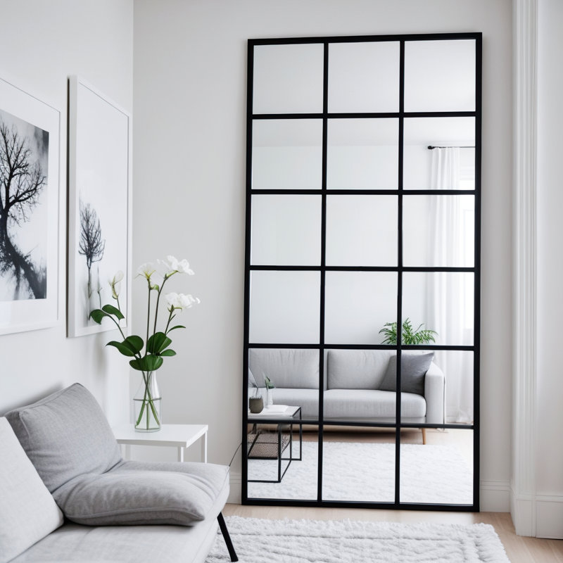 Window Pane Full Length Mirror,Oversize Rectangular Standing Floor Wall Mirror,Decorative Grid Wall Mirror
