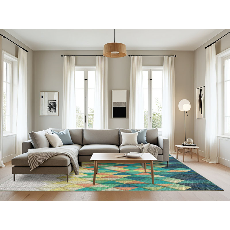 Tapis vert/jaune/gris à motifs, Rectangle 8 pi x 12 pi