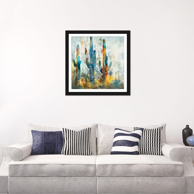 «Saguaro Forest» encadré par Scott Brems, Papier encadré dans un cadre noir, H 24 po x l 24 po x P 1 po, Oui