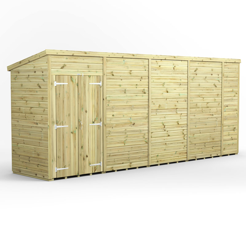 Powersheds 18 x 4ft Premium Pressure Treated Timber Windowless Pent Garden Shed, Double Doors