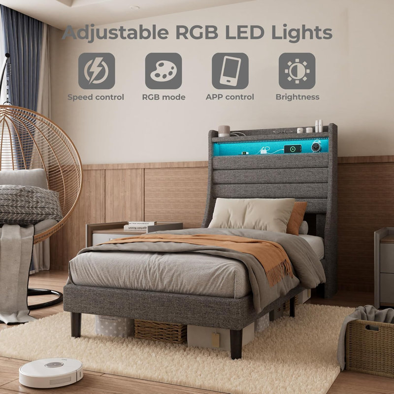 Lit simple tapissier - lin, tablette, 800 lb, gris