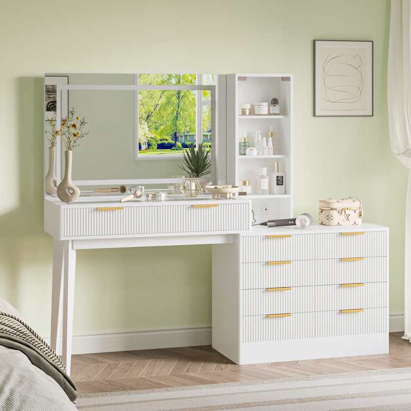 Makeup Vanity Desk with LED Lighted Mirror, 10 Drawers, Glass Door Display Cabinet, Built-In Power Outlet & USB Ports, Fluted Design Vanity Table with Solid Wood Legs, White