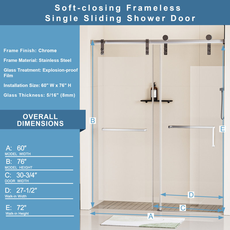 60" x 76" Frameless Matte Black Sliding Shower Door with Clear Tempered Glass