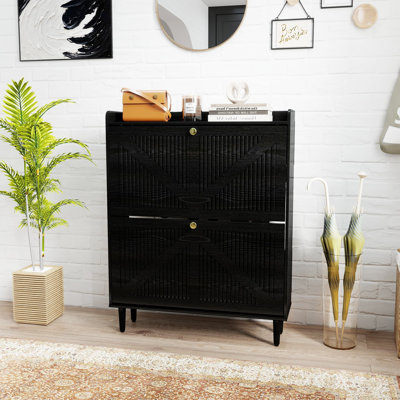 Narrow Shoe Storage Cabinet with 2 Flip Drawers for Entryway, Freestanding Slim Shoe Organizer Cabinet Adjustable Shelves