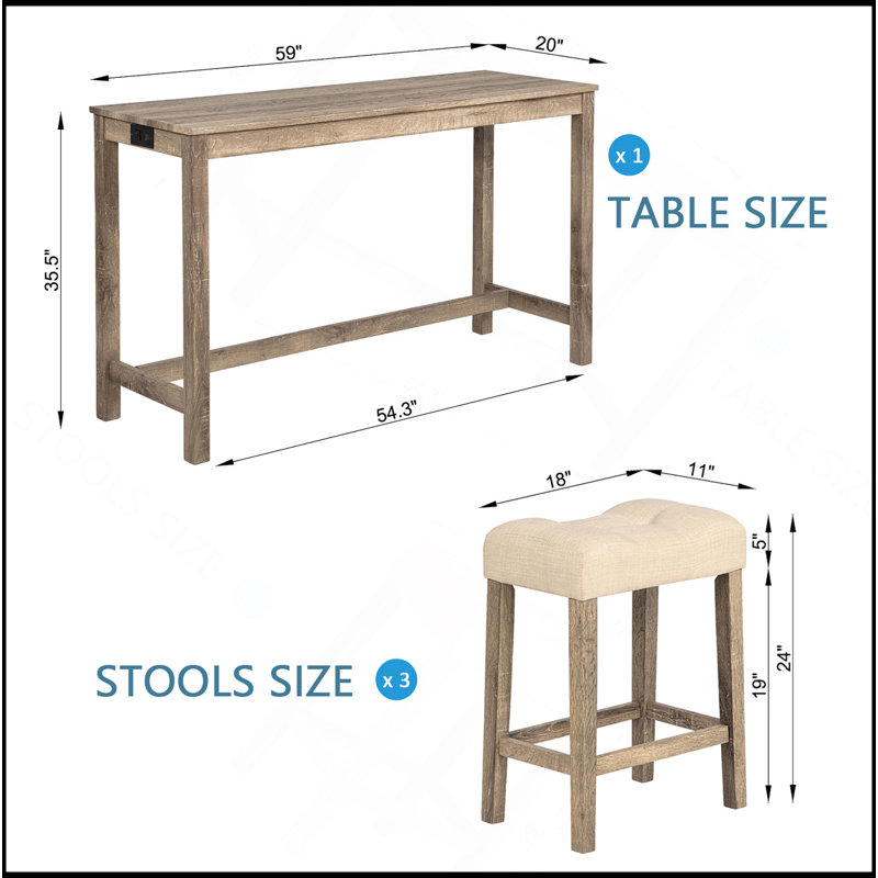 4-Piece Bar Table Set With Power Outlet, Dining Bar Table And Chairs Set,Bar Table Set With 3 Padded Stools For Living Room, Dining Room, Game Room