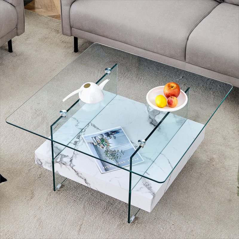 Table basse carrée à 2 niveaux, Marbre blanc