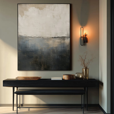Extra Large Wall Art Fabric Print - Soft Atmospheric Horizon Landscape with Misty Sky Cream Tones and Dark Ground Reflection Calm Minimal Zen Inspired Scene for Living Room or Bedroom - "Frame Assembly Required (Unfinished Frame)"