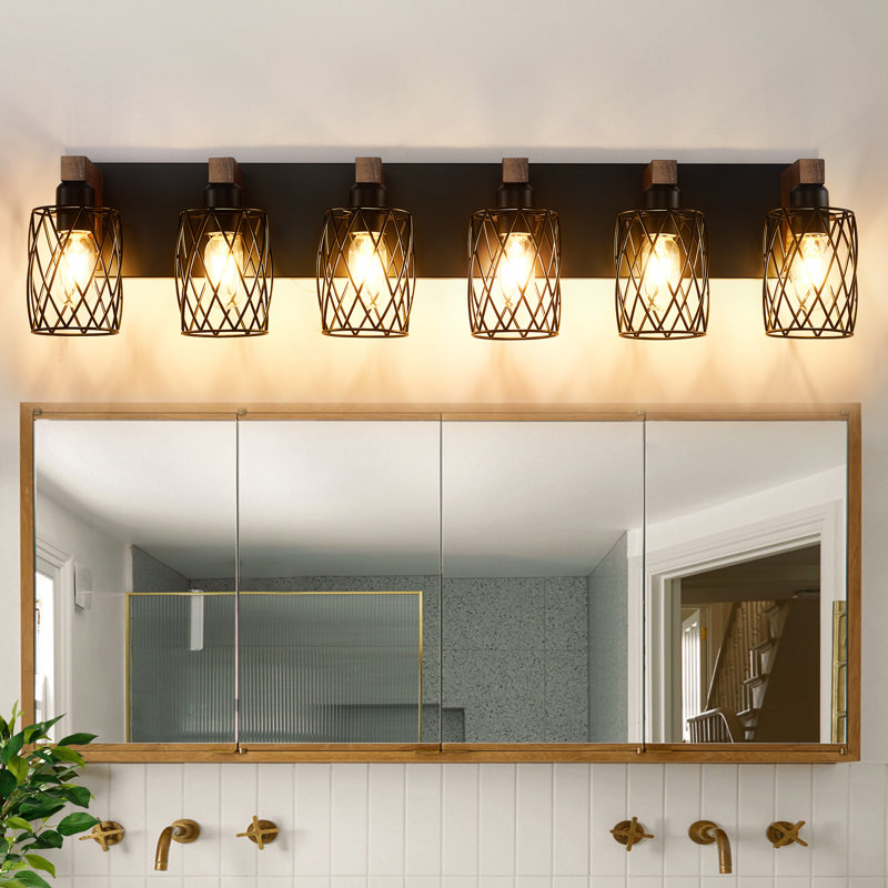 Farmhouse Bathroom Vanity Light With Cage Lampshade,Wood Bathroom Light Fixtures Over Mirror,Rustic Bathroom Lighting For Bedroom Living Room Hallway