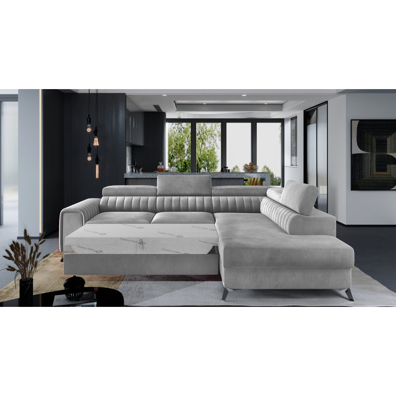 Aimantas 3 Seater Velvet Sofa Bed, Right Hand Facing, Light Grey Velvet