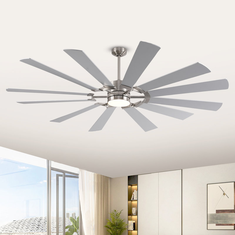 Large 12 Blades Ceiling Fan With Light, Modern Ceiling Fan For Indoor And Outdoor Use, Reversible Dc Motor, Dual Finish Blades In Silver & Walnut, Ceiling Fan With Remote
