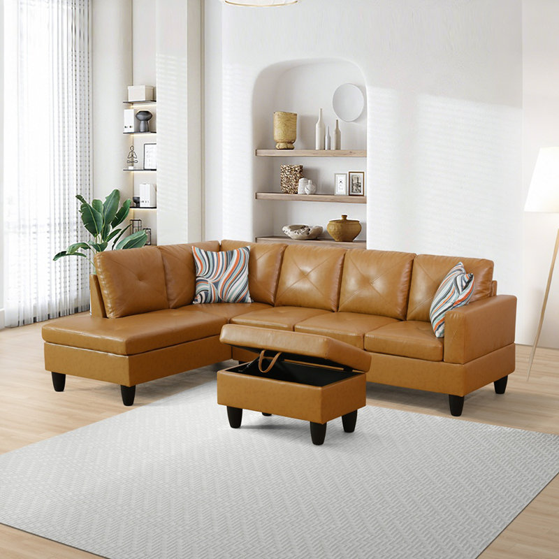 Ronan Faux Leather L-Shaped Sectional Sofa With Chaise And Storage Ottoman, Left Hand Facing, Tan