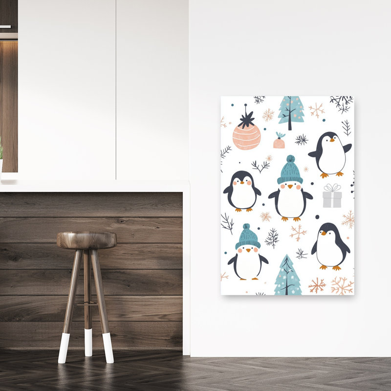 Cute Winter Penguins Playful Abstract Contemporary Penguin Winter Landscape Wall Art Print 1 Piece Wrapped Canvas Wall Art