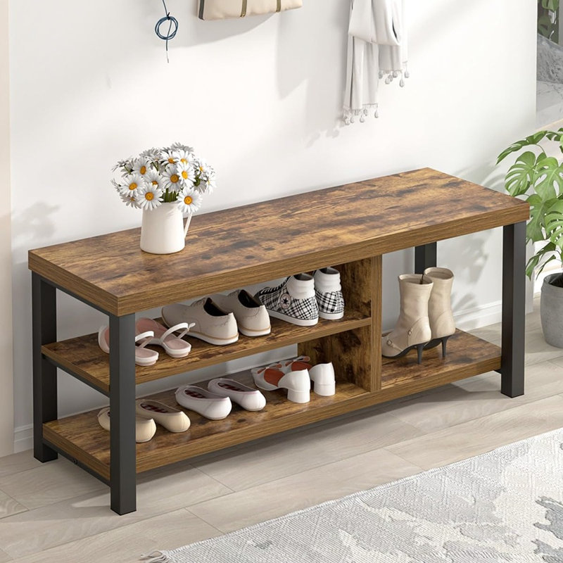 Banc de rangement à chaussures rustique en bois brun de 110 cm (43,3 po), banc d'entrée moderne avec siège