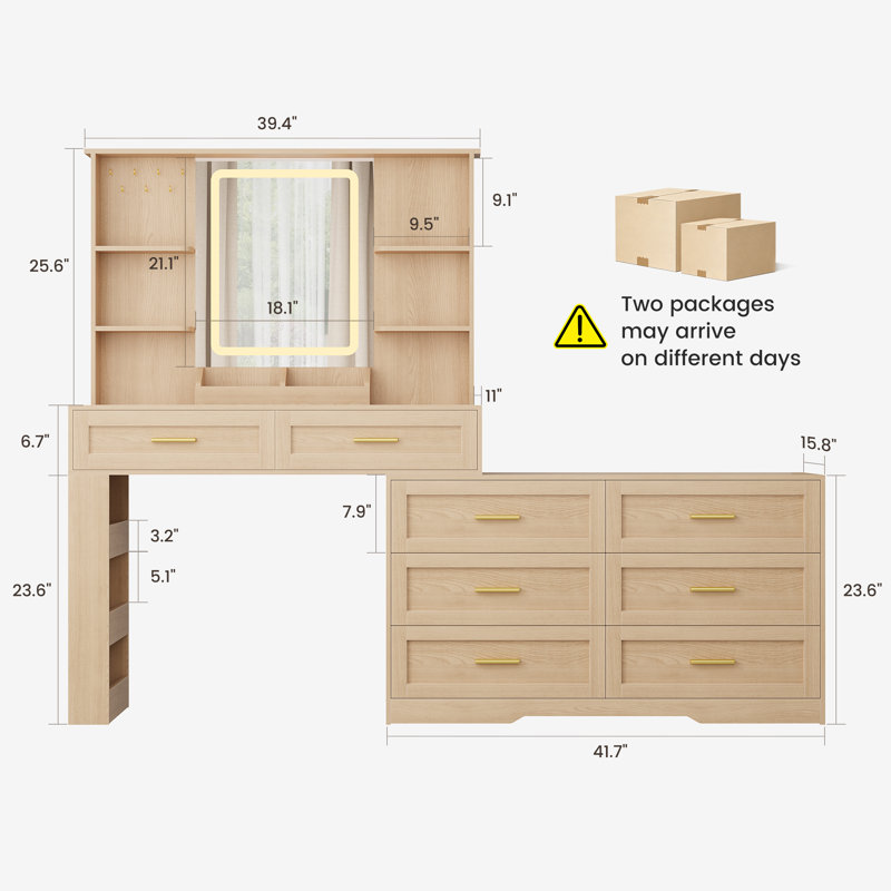 81"W Large Makeup Vanity with Adjustable LED Lighting and Charge Station, Natural