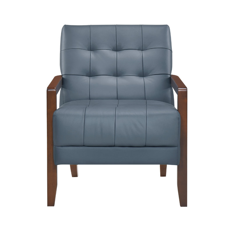 Fauteuil Lenie, cuir capitonné, bois de noyer, Bleu