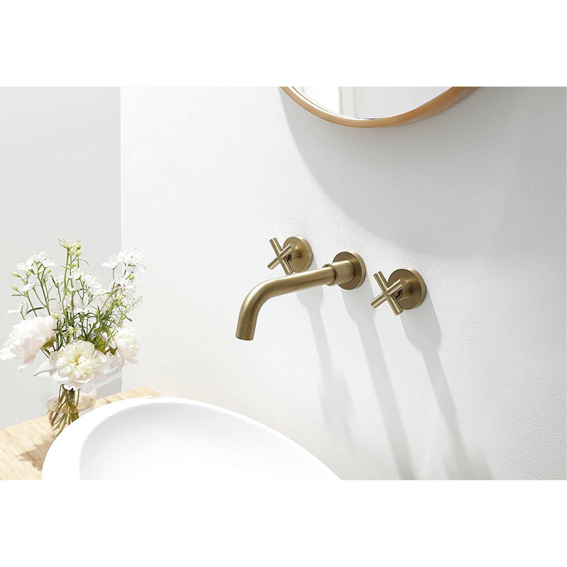 Bathroom Wall Mount Faucet Brushed Gold - Solid Brass, Long-Lasting Finish, 2 Handles Basin In Easy Installation Process,