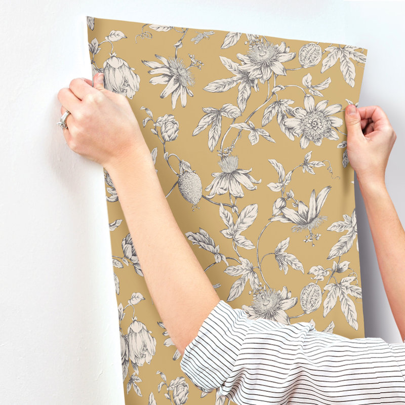 Passion Flower Toile Floral Wallpaper Roll, Harvest