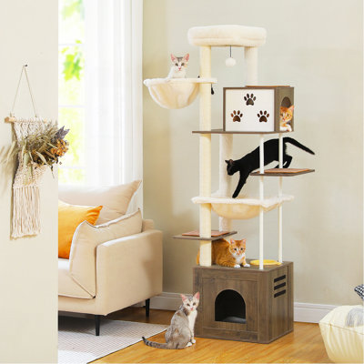 Grand arbre à chat avec station d'alimentation, grande tour à chat en bois de 74,8 pouces avec très grands condos et hamacs, perchoir spacieux, poteaux en sisal et en acier, tapis à gratter pour les chats adultes d'intérieur