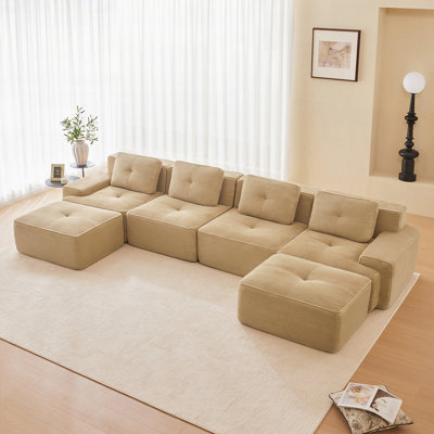 Modern U-Shaped Modular Sectional Sofa for Living Room, Corduroy Fabric, 4-Seater with Deep Seat and 2-Movable Ottomans