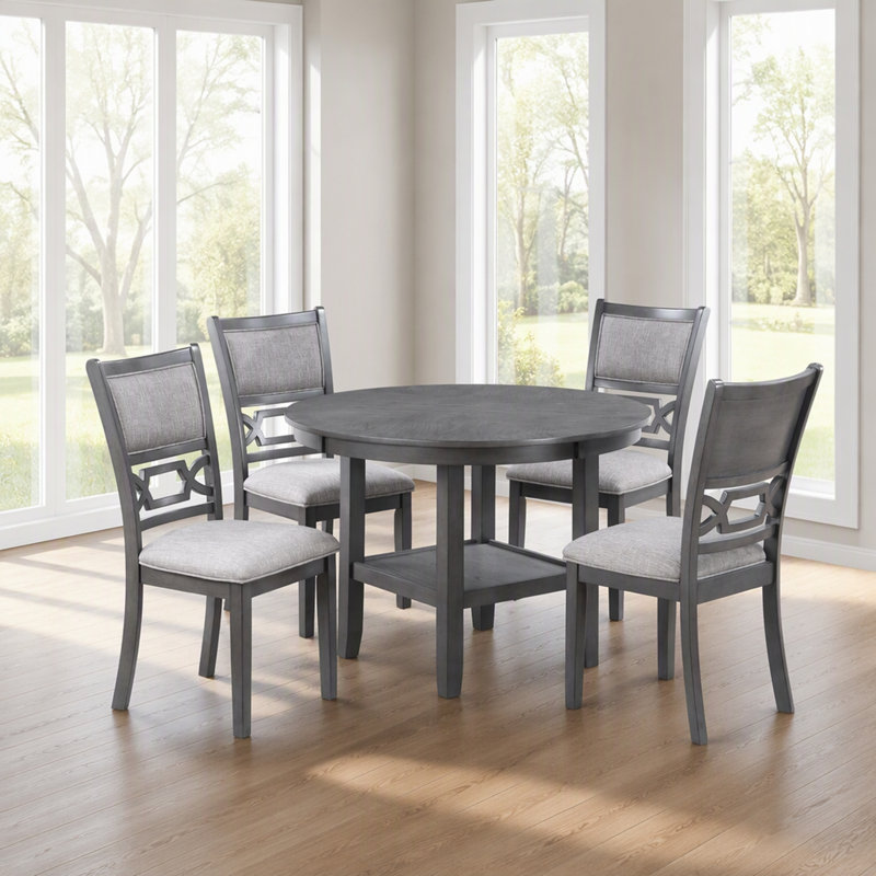 Ensemble de salle à manger gris 5 pièces avec table ronde (avec tablette) et 4 chaises, style contemporain moderne