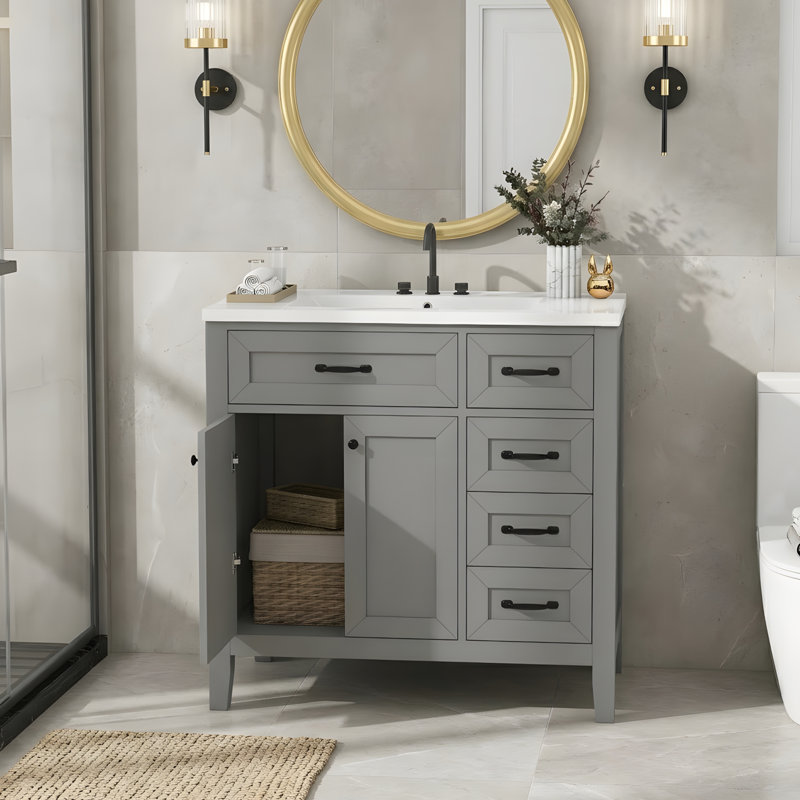 Meuble-lavabo de salle de bain avec lavabo et rangement polyvalent, Gris, 36