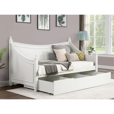 Lit de jour simple blanc de style transitionnel, détails de moulures, conception d'affiche avec fleurons, structure en bois massif, installation pour matelas pour dormir dans de petites pièces et bois d'ingénierie,