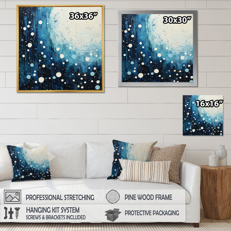 Bleu sarcelle blanc Mid Century Minimalist Rain I - impression, Cadre flottant noir, H 30 po x l 30 po x P 1 po