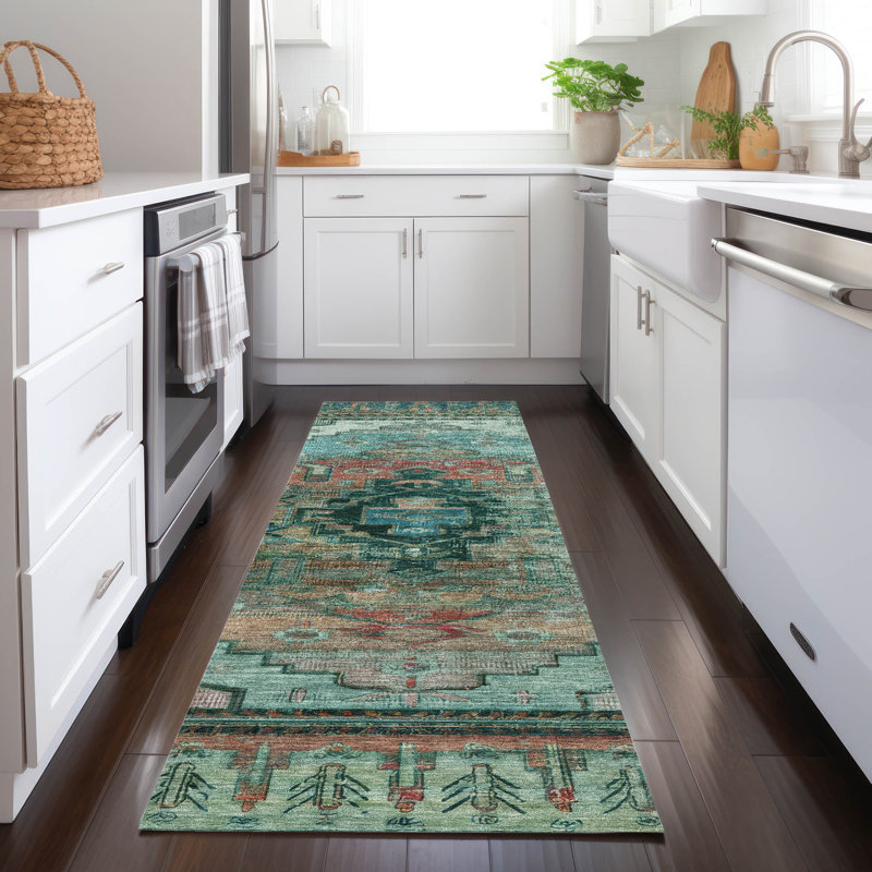 Machine Washable Indoor/Outdoor Xhevrie Teal Rug, Runner 2'3" x 7'6"