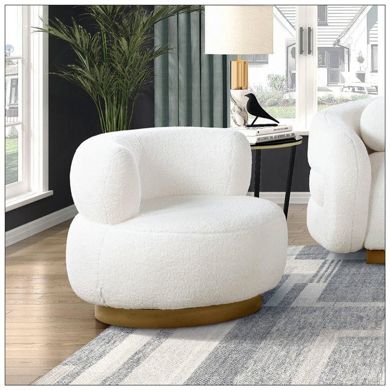 Luxueux fauteuil rond de salon avec mouvement pivotant, tissu blanc doux, revêtement doré, meubles en bois massif, 1 pièce