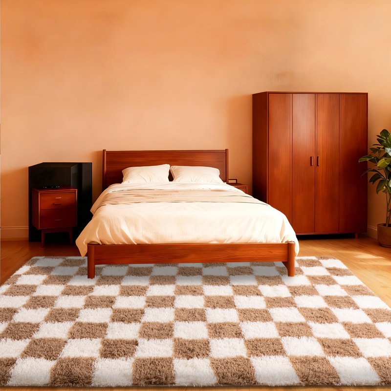 Tapis à carreaux beige et camel, antidérapant, durable et doux, idéal pour les chambres de bébé, les salles de jeux et les salons.