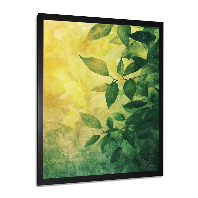 Feuillage vert et jaune, collage de feuilles V - art mural floral, salon, H 20 po x l 12 po, Impression encadrée